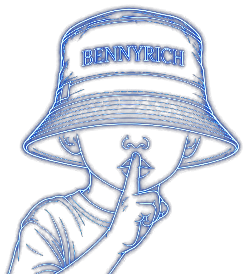 The BennyRich kid in a BENNYRICH bucket hat, finger held to his lips